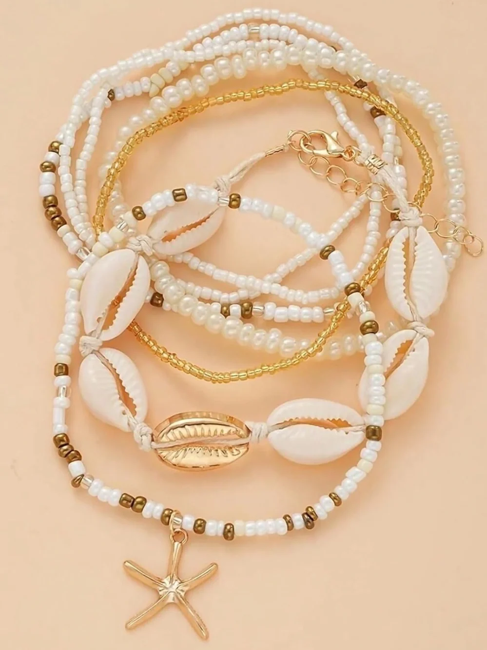 Anthropologie White & Gold Shell Anklet Stack